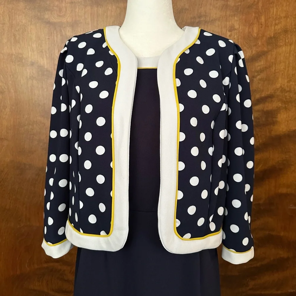 Nicolette Sheath Dress & Jacket Set Womens 8 Navy & White Polka Dots Formal EUC